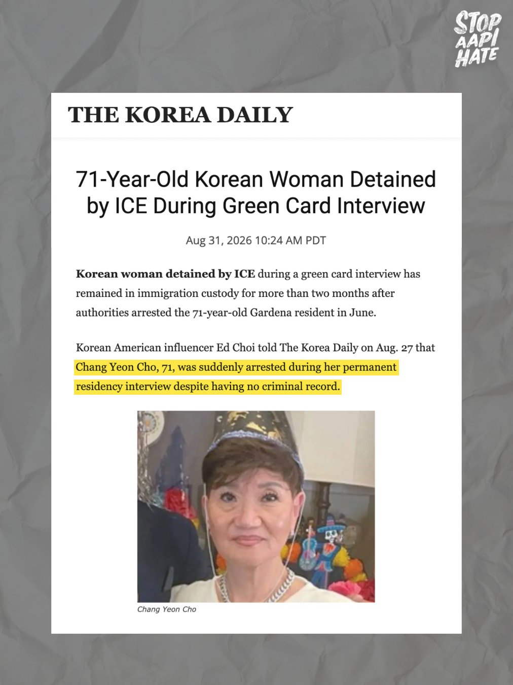 71-year-old Korean woman restrained and hospitalized after ICE detains her at green card interview